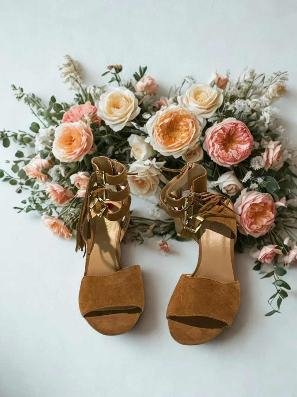 Camel Suede Ankle Strapped Fringe Sandals - Picture 2 of 3